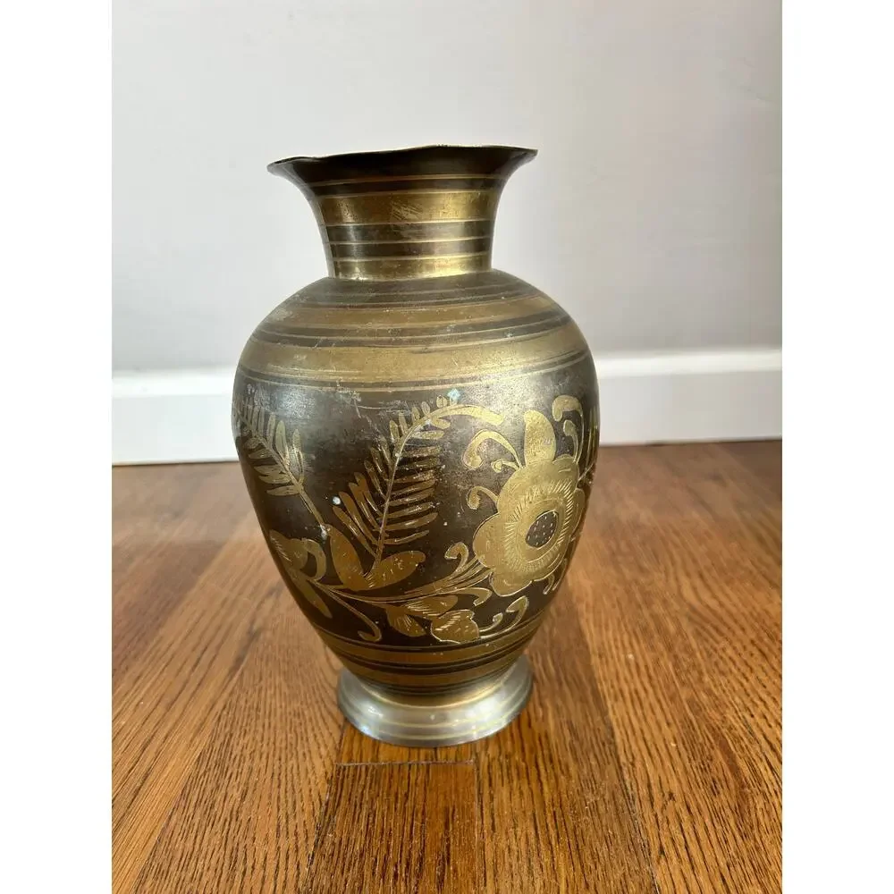 Vintage Brass Etched Vase Made in India Floral 9in